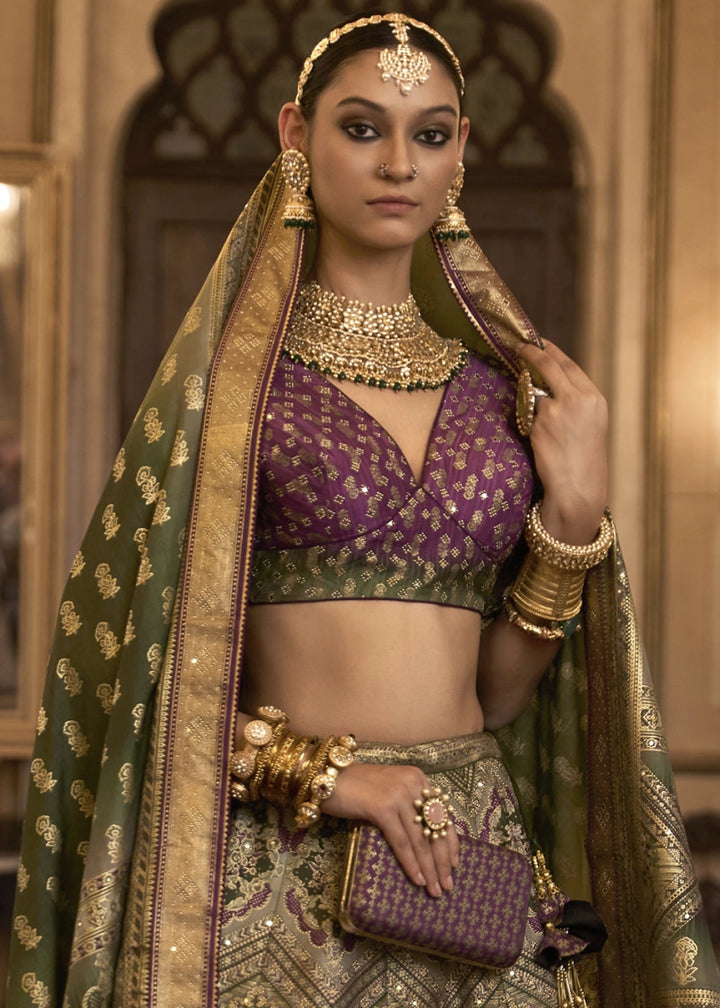 Purple & Green Embellished Rajwadi Silk Lehenga Choli with Aari Mirror Work - House of Sarvati LLC