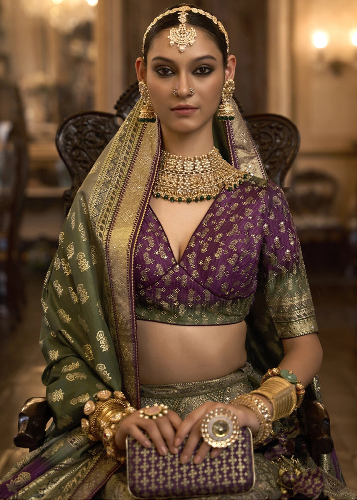 Purple & Green Embellished Rajwadi Silk Lehenga Choli with Aari Mirror Work - House of Sarvati LLC