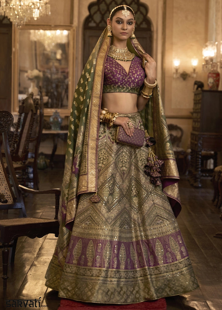 Purple & Green Embellished Rajwadi Silk Lehenga Choli with Aari Mirror Work - House of Sarvati LLC