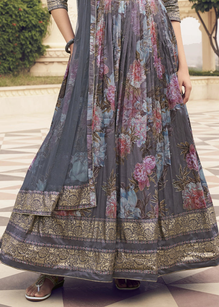 Purple Ombre Floral Silk Anarkali Gown with Detailed Embroidery Work - House of Sarvati LLC