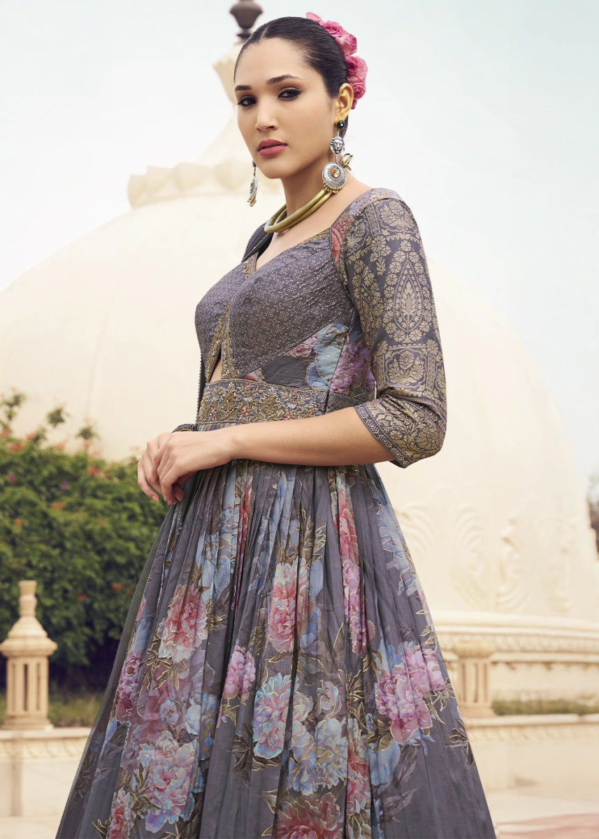 Purple Ombre Floral Silk Anarkali Gown with Detailed Embroidery Work - House of Sarvati LLC