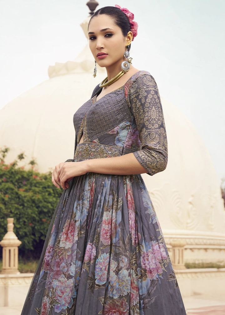 Purple Ombre Floral Silk Anarkali Gown with Detailed Embroidery Work - House of Sarvati LLC
