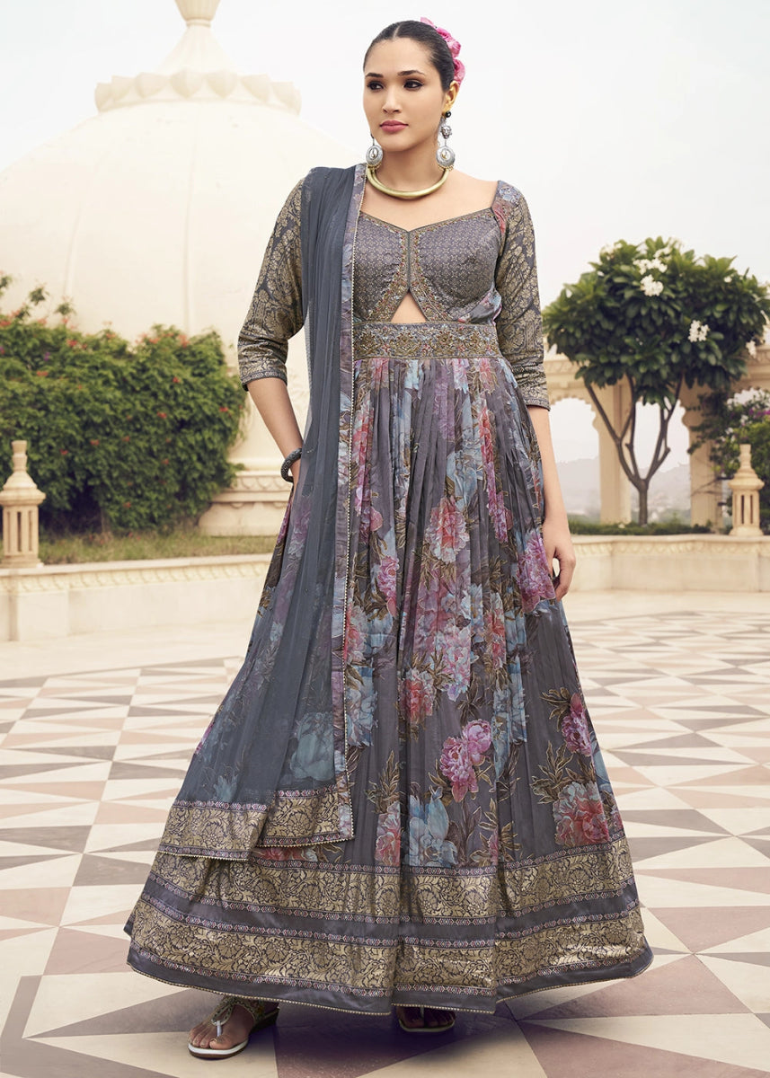 Purple Ombre Floral Silk Anarkali Gown with Detailed Embroidery Work - House of Sarvati LLC