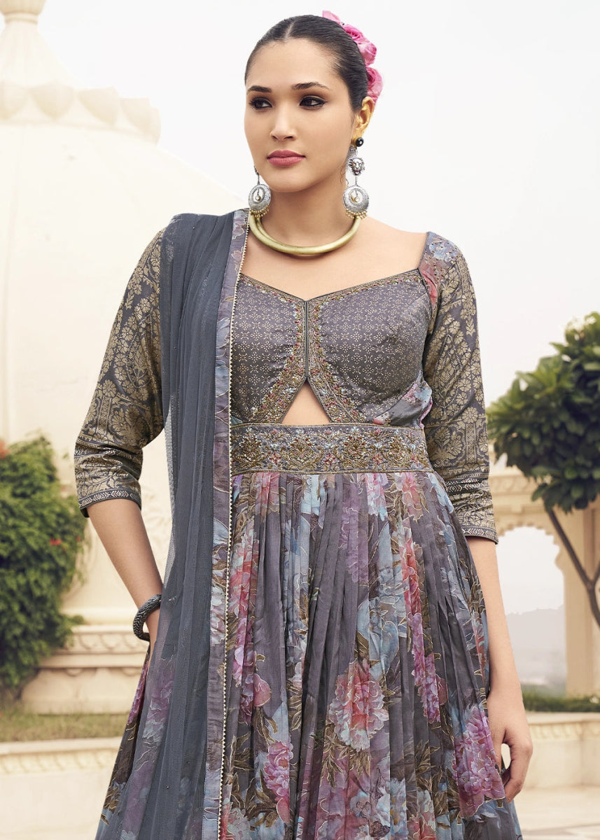 Purple Ombre Floral Silk Anarkali Gown with Detailed Embroidery Work - House of Sarvati LLC