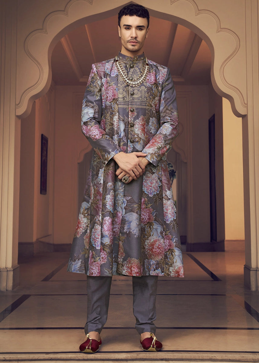 Purple Ombre Silk Sherwani Set Ensemble with Elegant Print and Embroidery - House of Sarvati LLC