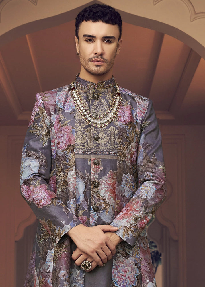 Purple Ombre Silk Sherwani Set Ensemble with Elegant Print and Embroidery - House of Sarvati LLC