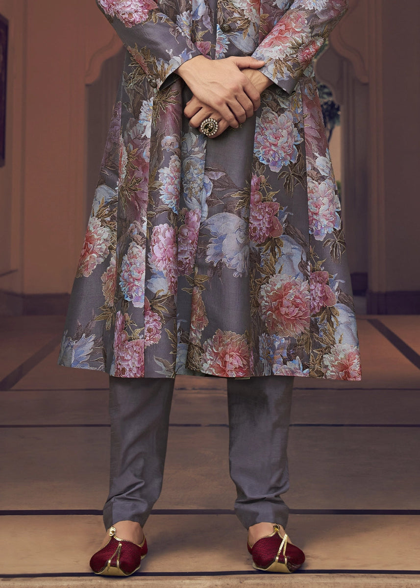 Purple Ombre Silk Sherwani Set Ensemble with Elegant Print and Embroidery - House of Sarvati LLC