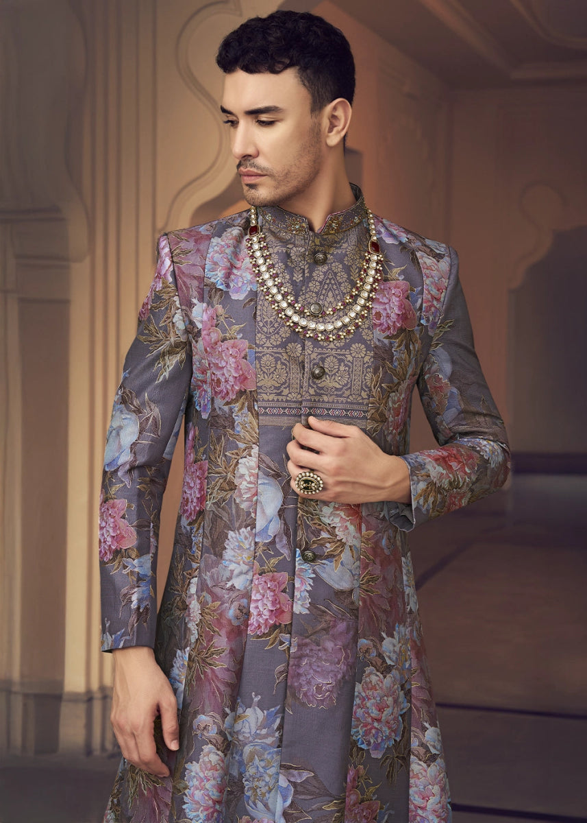Purple Ombre Silk Sherwani Set Ensemble with Elegant Print and Embroidery - House of Sarvati LLC