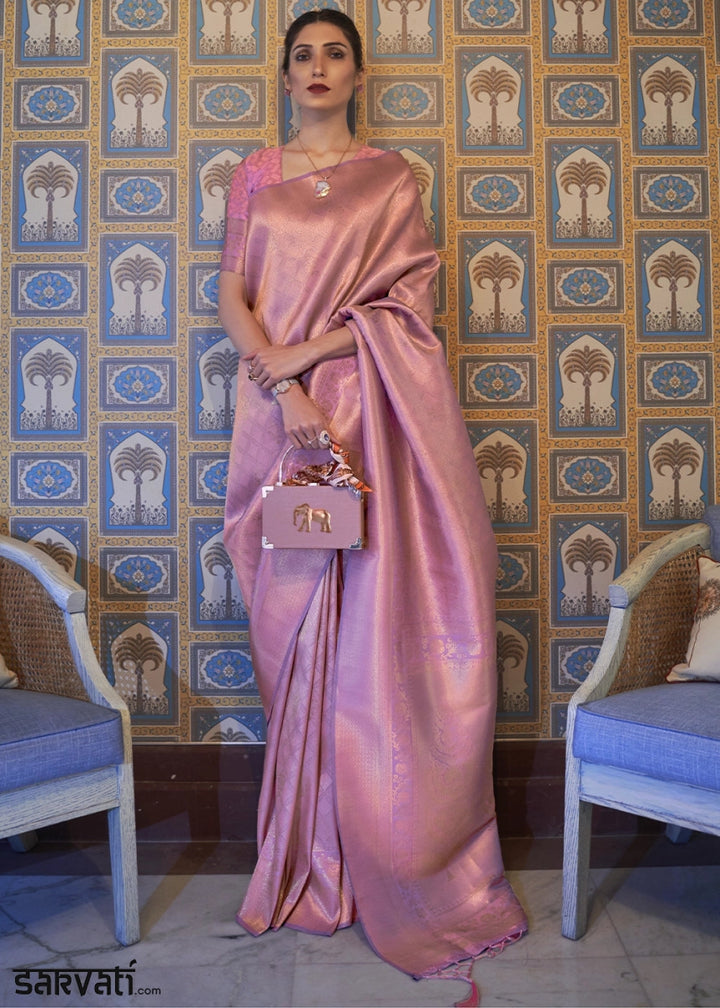 Purple & Pink Dual Tone Handloom Kanjivaram Silk Saree With Regal Finish - House of Sarvati LLC