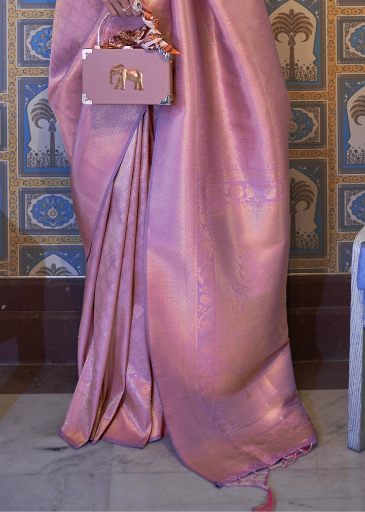 Purple & Pink Dual Tone Handloom Kanjivaram Silk Saree With Regal Finish - House of Sarvati LLC