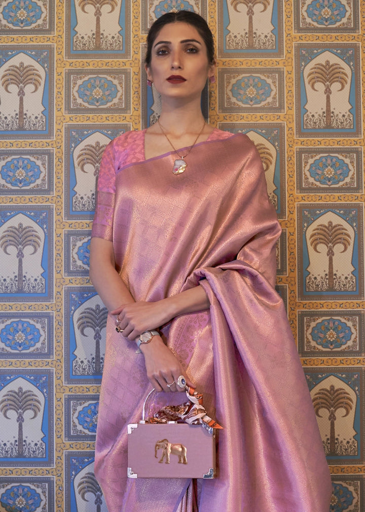 Purple & Pink Dual Tone Handloom Kanjivaram Silk Saree With Regal Finish - House of Sarvati LLC