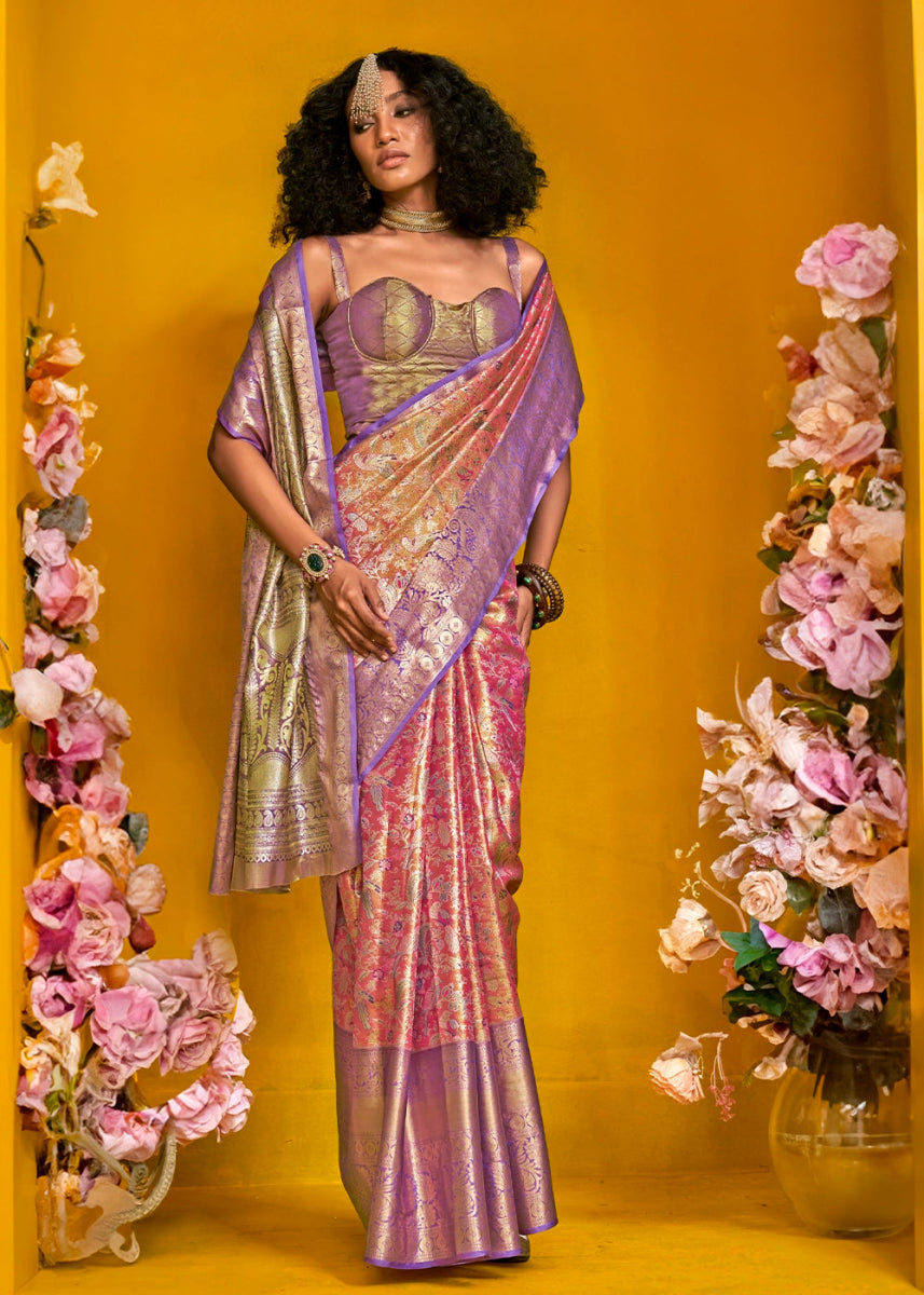 Purple & Pink Handloom Woven Kanjivaram Silk Saree with Zari Work - House of Sarvati LLC