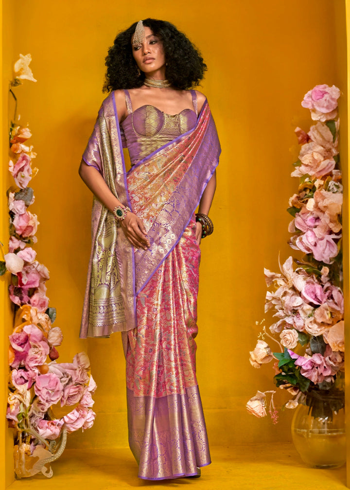 Purple & Pink Handloom Woven Kanjivaram Silk Saree with Zari Work - House of Sarvati LLC