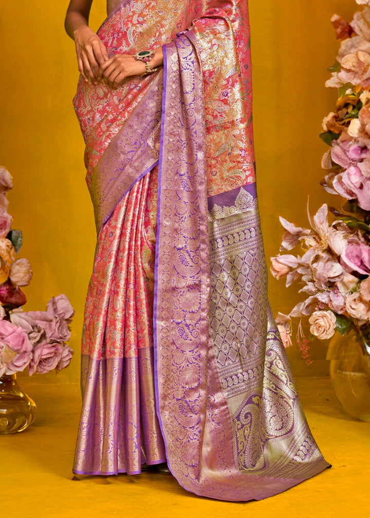 Purple & Pink Handloom Woven Kanjivaram Silk Saree with Zari Work - House of Sarvati LLC