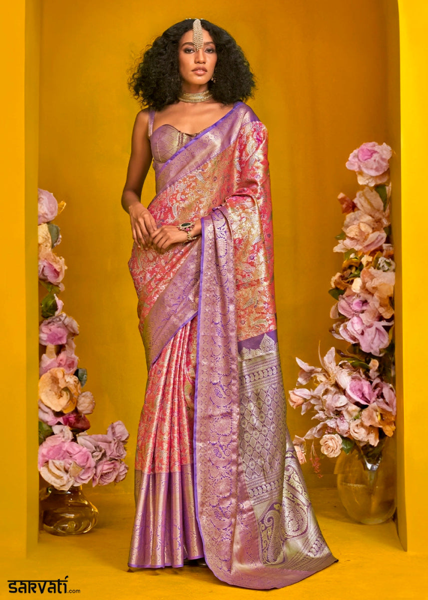 Purple & Pink Handloom Woven Kanjivaram Silk Saree with Zari Work - House of Sarvati LLC