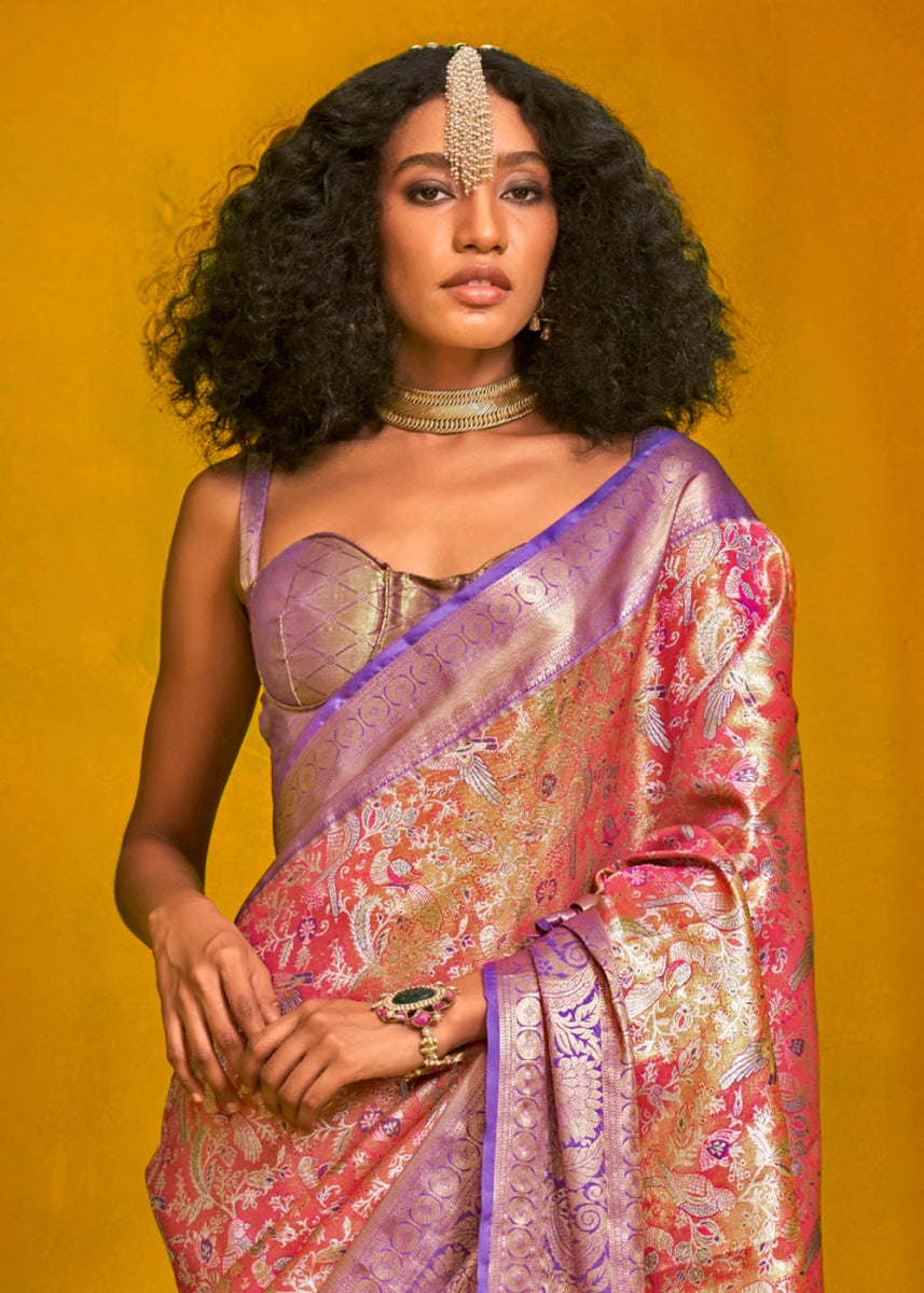 Purple & Pink Handloom Woven Kanjivaram Silk Saree with Zari Work - House of Sarvati LLC