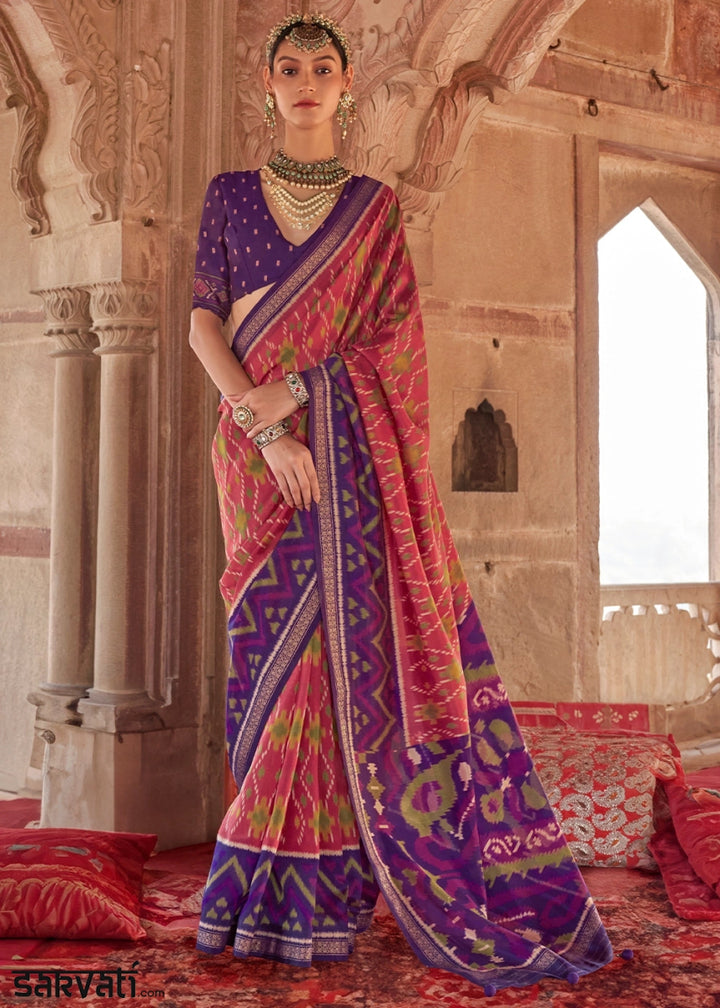 Purple & Red Georgette Silk Saree with Ethnic Patola Print - House of Sarvati LLC