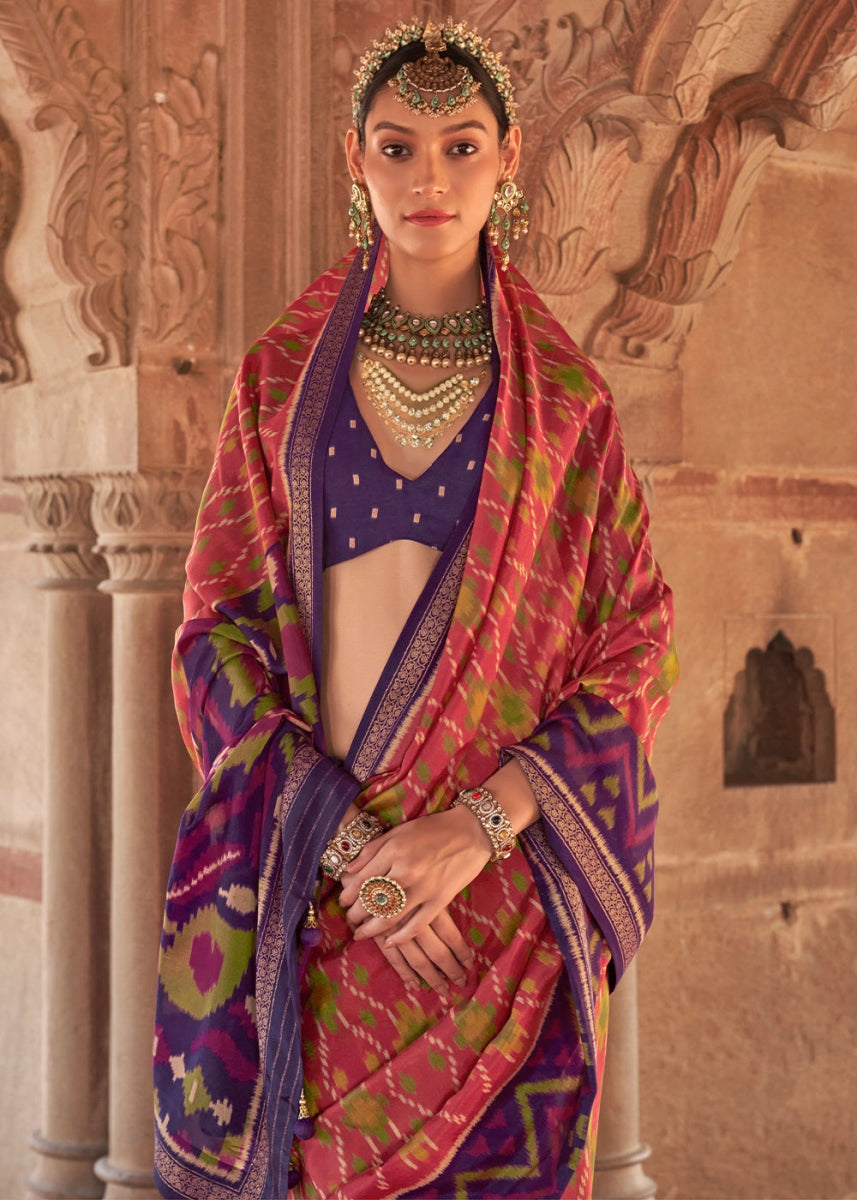 Purple & Red Georgette Silk Saree with Ethnic Patola Print - House of Sarvati LLC