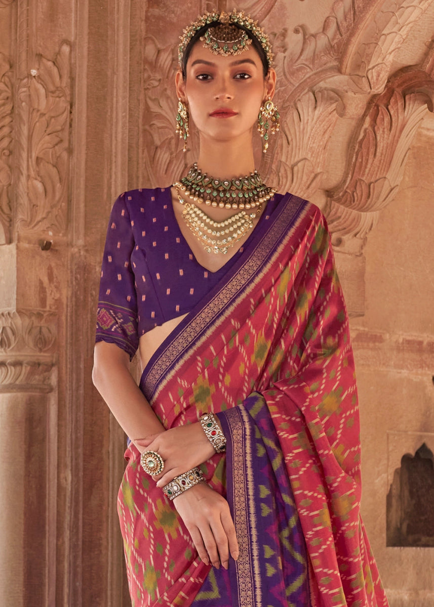 Purple & Red Georgette Silk Saree with Ethnic Patola Print - House of Sarvati LLC