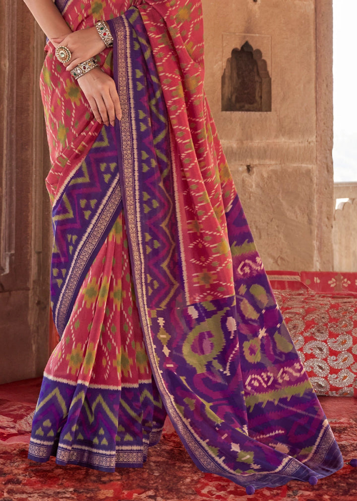 Purple & Red Georgette Silk Saree with Ethnic Patola Print - House of Sarvati LLC