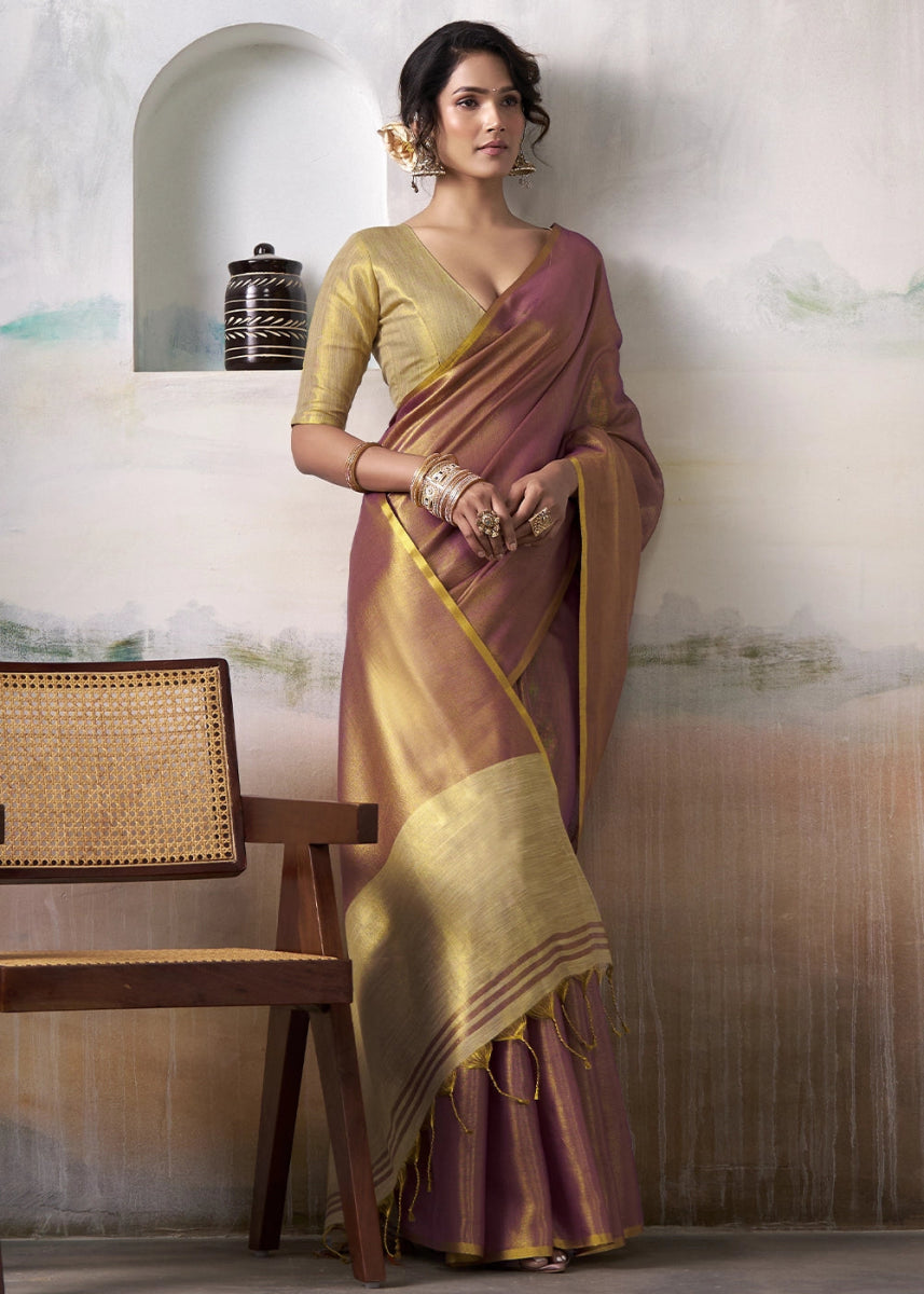 Purple Toned Tissue Silk Saree with Elegant Contrast Blouse Combination - House of Sarvati LLC