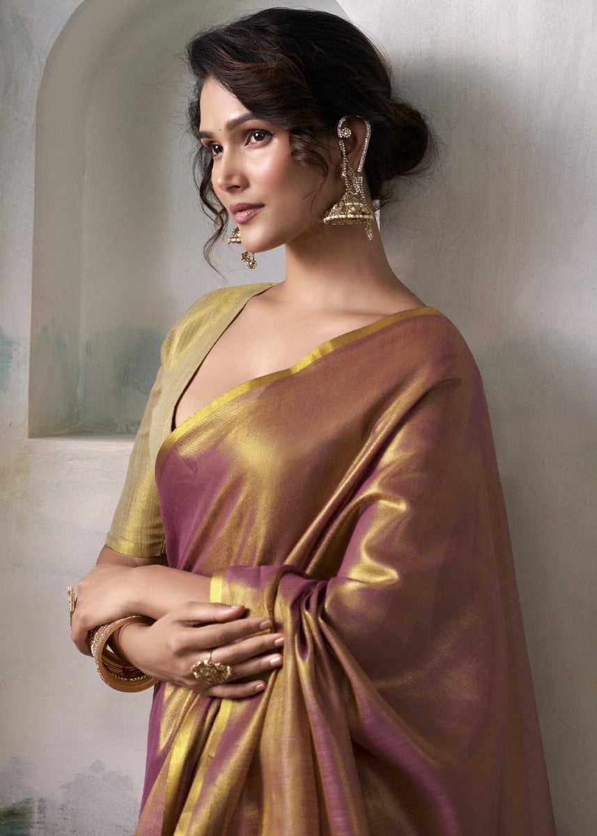 Purple Toned Tissue Silk Saree with Elegant Contrast Blouse Combination - House of Sarvati LLC