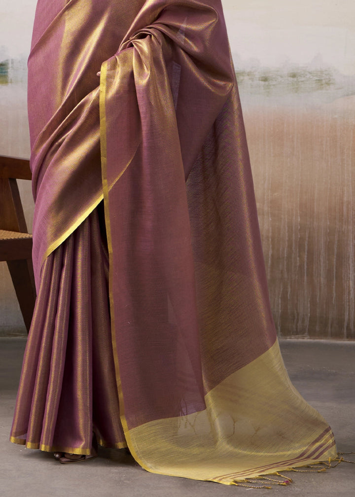 Purple Toned Tissue Silk Saree with Elegant Contrast Blouse Combination - House of Sarvati LLC