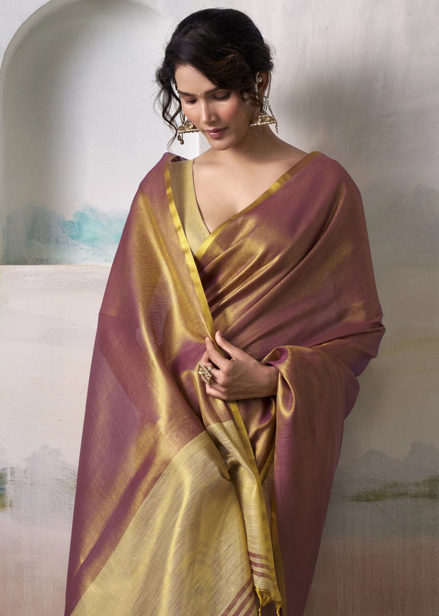 Purple Toned Tissue Silk Saree with Elegant Contrast Blouse Combination - House of Sarvati LLC