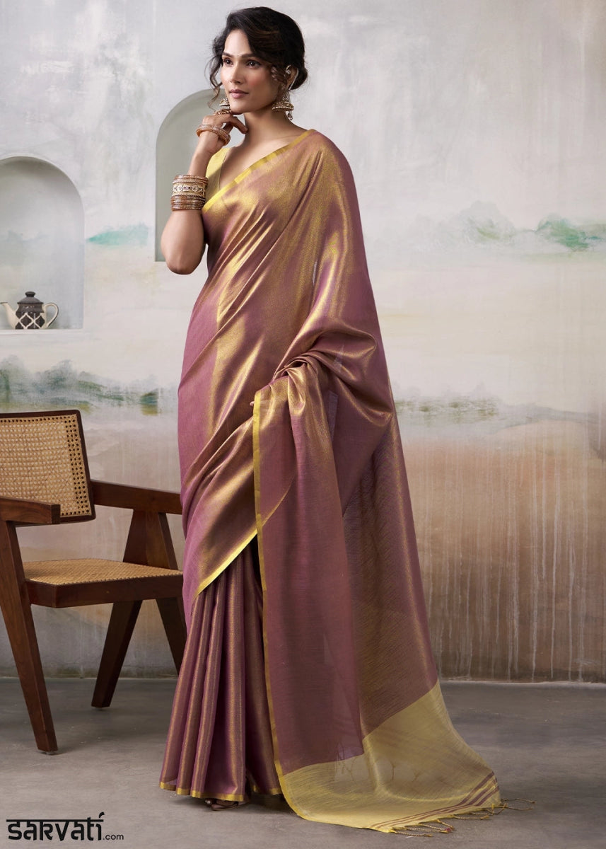 Purple Toned Tissue Silk Saree with Elegant Contrast Blouse Combination - House of Sarvati LLC