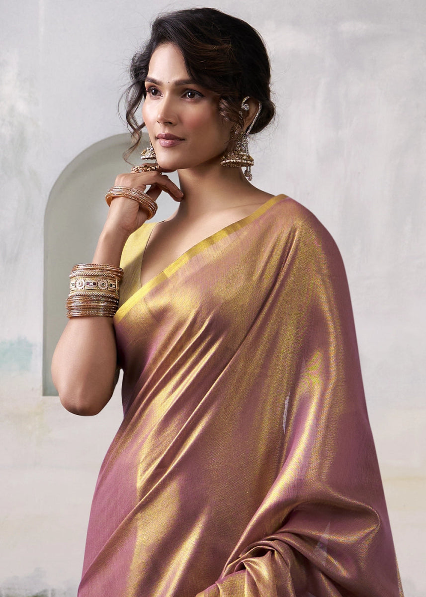 Purple Toned Tissue Silk Saree with Elegant Contrast Blouse Combination - House of Sarvati LLC