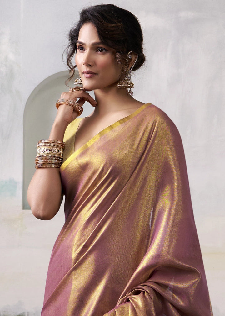 Purple Toned Tissue Silk Saree with Elegant Contrast Blouse Combination - House of Sarvati LLC