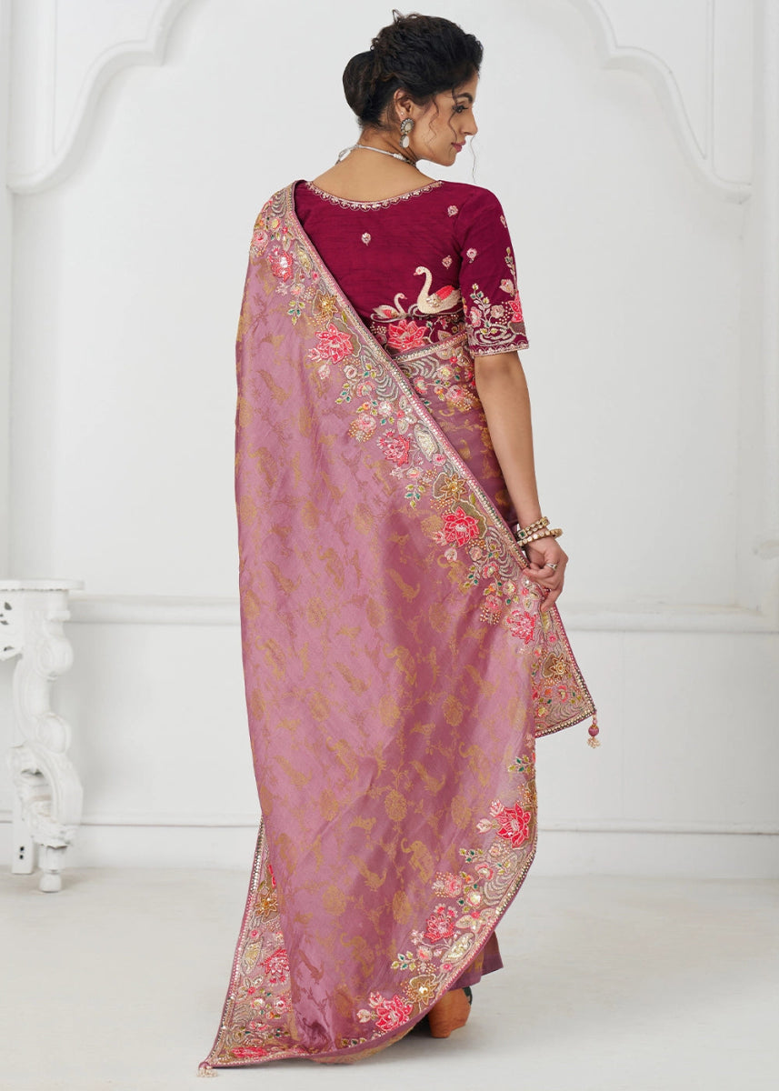 Purplish Pink Embroidered Viscose Dola Silk Saree With Sequin And Multi Thread Accents - House of Sarvati LLC