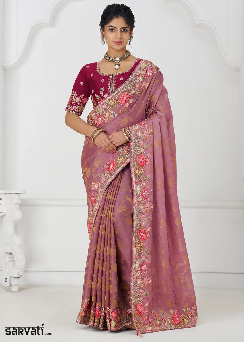Purplish Pink Embroidered Viscose Dola Silk Saree With Sequin And Multi Thread Accents - House of Sarvati LLC