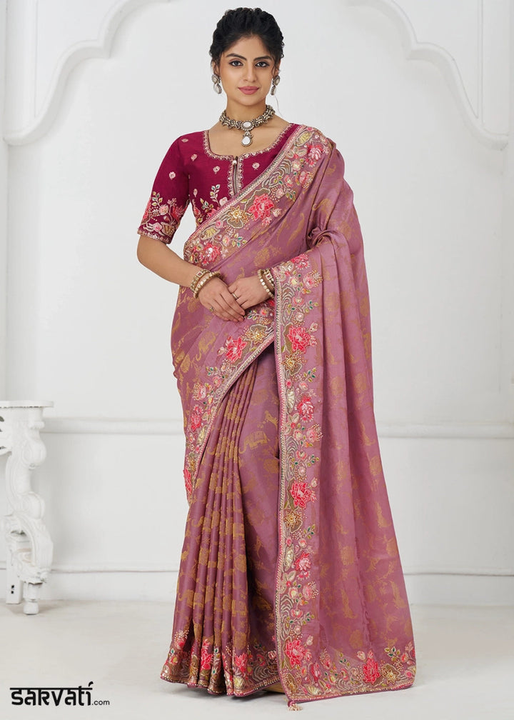 Purplish Pink Embroidered Viscose Dola Silk Saree With Sequin And Multi Thread Accents - House of Sarvati LLC