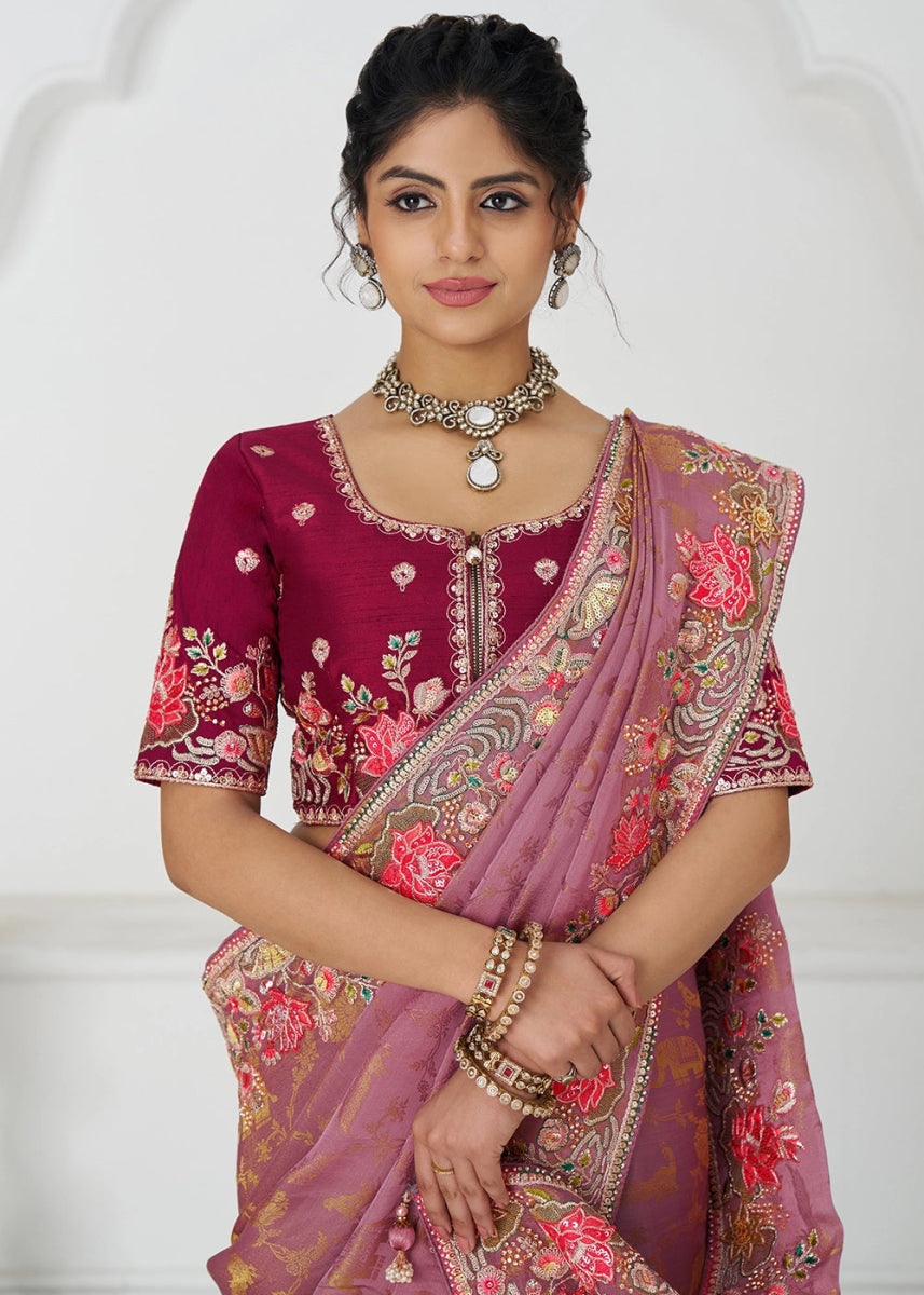 Purplish Pink Embroidered Viscose Dola Silk Saree With Sequin And Multi Thread Accents - House of Sarvati LLC
