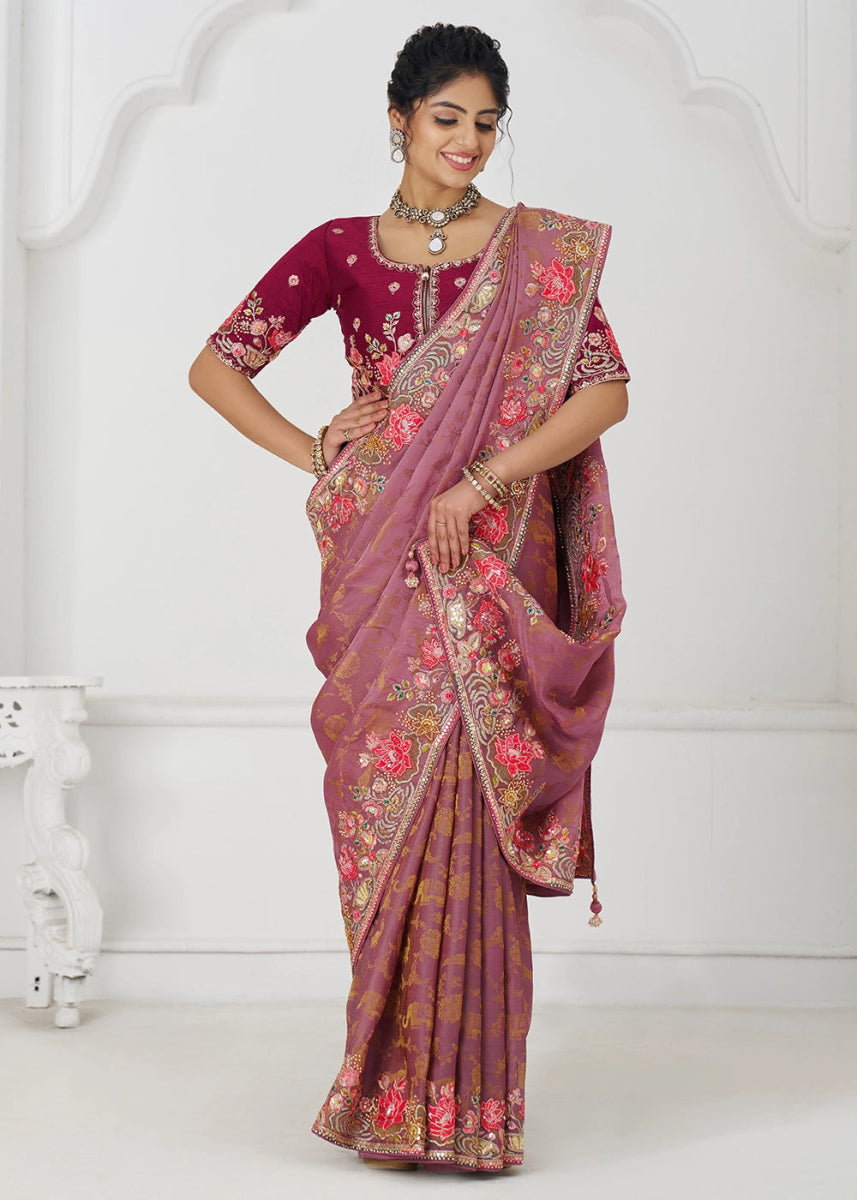 Purplish Pink Embroidered Viscose Dola Silk Saree With Sequin And Multi Thread Accents - House of Sarvati LLC