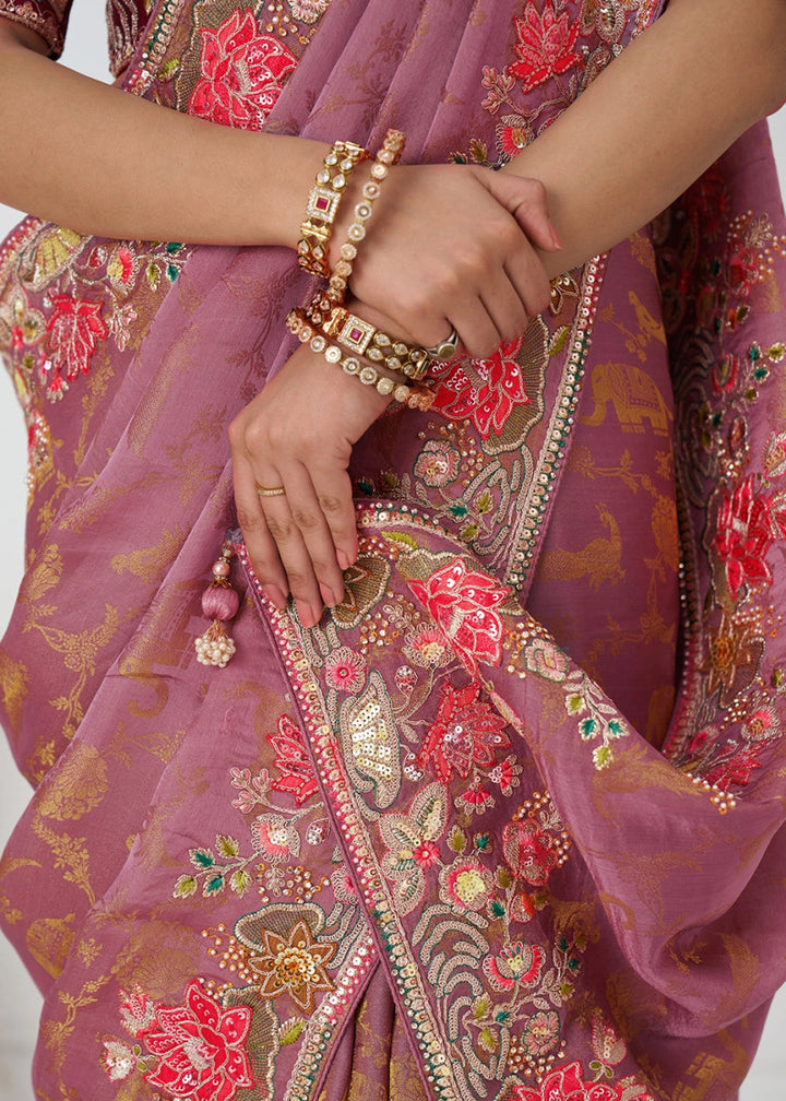 Purplish Pink Embroidered Viscose Dola Silk Saree With Sequin And Multi Thread Accents - House of Sarvati LLC