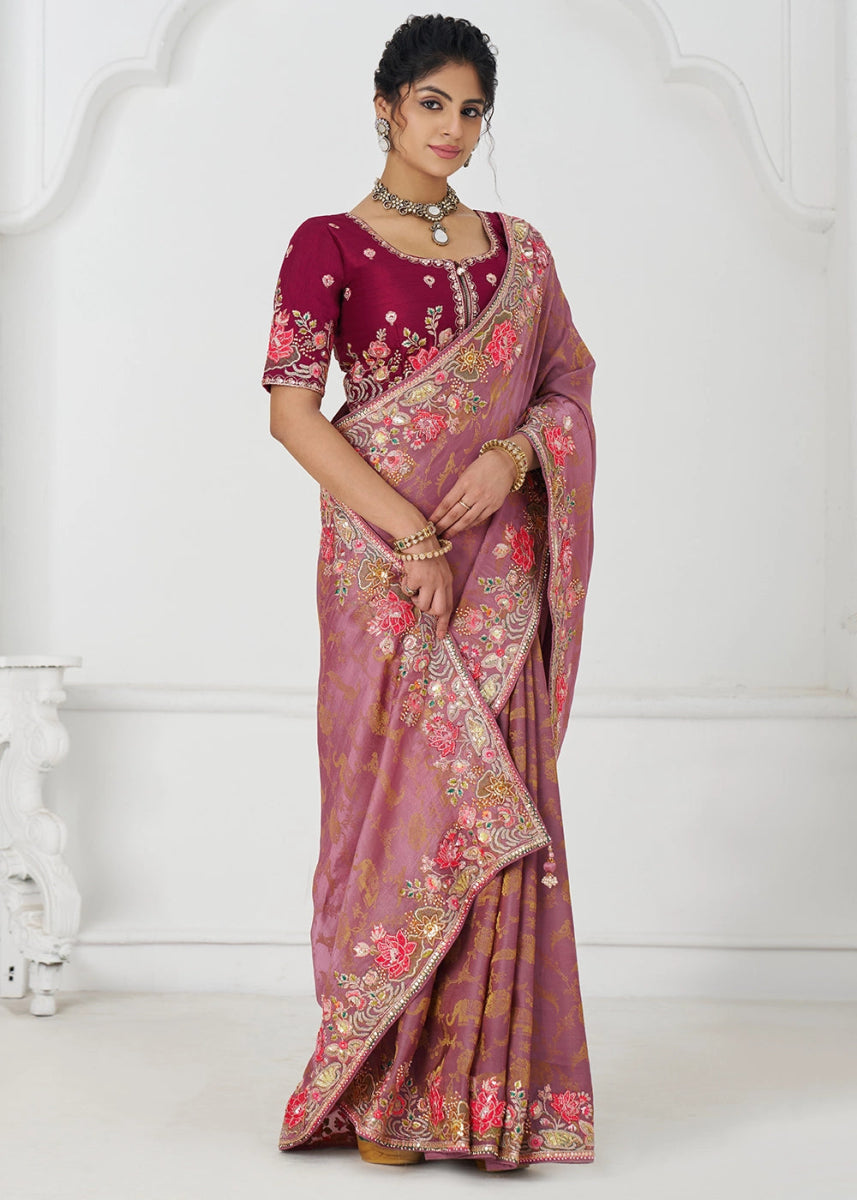 Purplish Pink Embroidered Viscose Dola Silk Saree With Sequin And Multi Thread Accents - House of Sarvati LLC