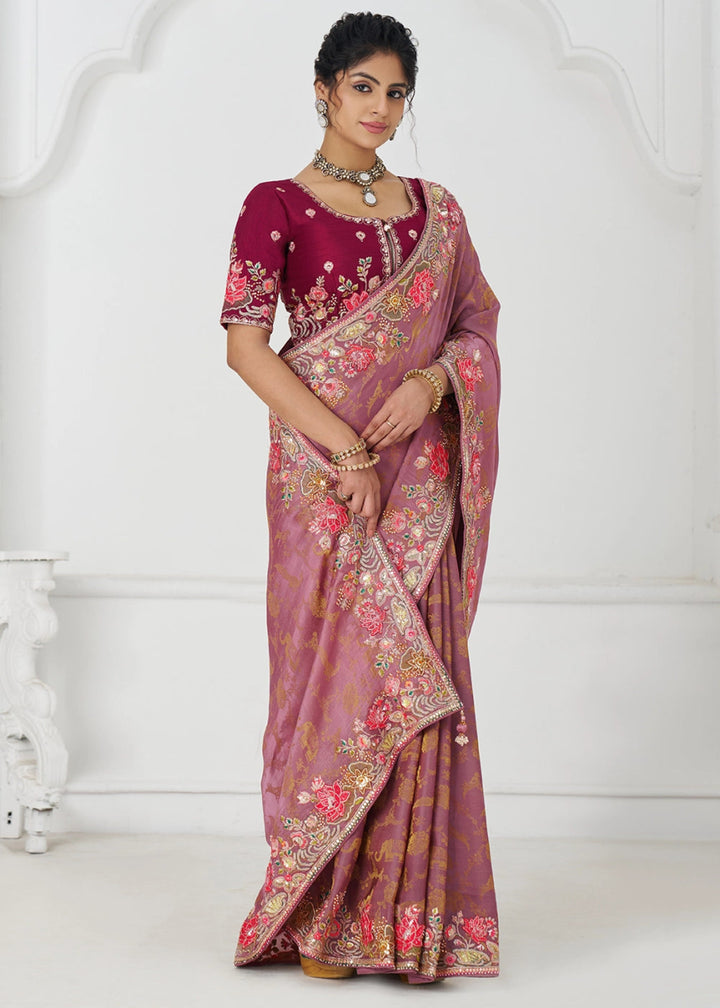 Purplish Pink Embroidered Viscose Dola Silk Saree With Sequin And Multi Thread Accents - House of Sarvati LLC