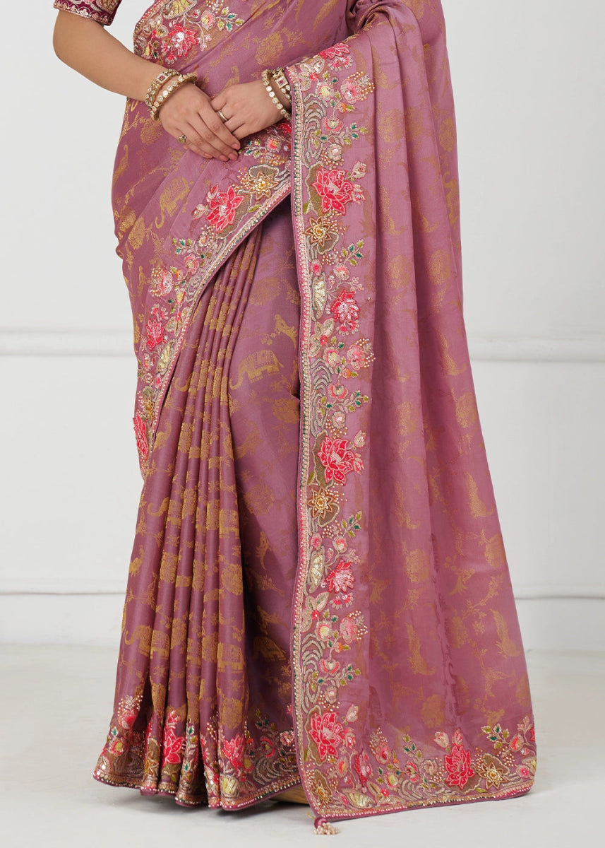Purplish Pink Embroidered Viscose Dola Silk Saree With Sequin And Multi Thread Accents - House of Sarvati LLC