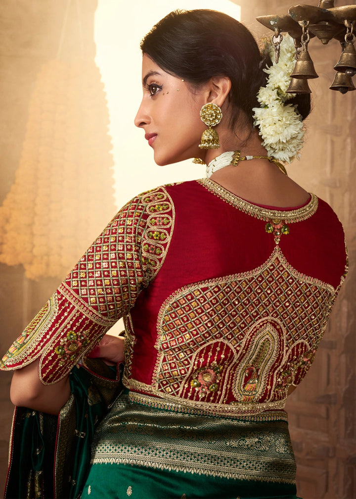 Racing Green Banarasi Silk Saree with Handcrafted Embroidered Blouse - House of Sarvati LLC