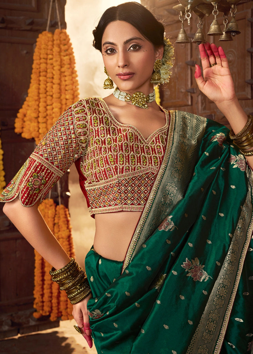 Racing Green Banarasi Silk Saree with Handcrafted Embroidered Blouse - House of Sarvati LLC