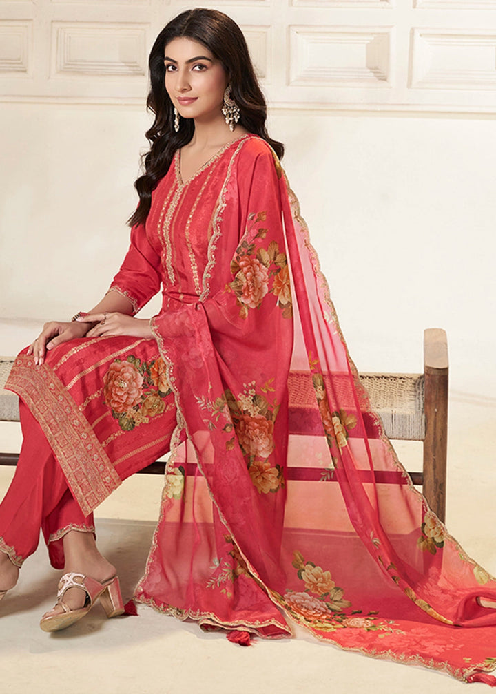 Radical Red Dola Silk Sharara Suit with Intricate Jacquard Detailing - House of Sarvati LLC