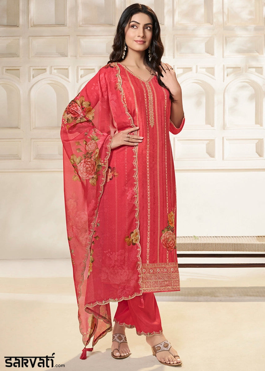 Radical Red Dola Silk Sharara Suit with Intricate Jacquard Detailing - House of Sarvati LLC