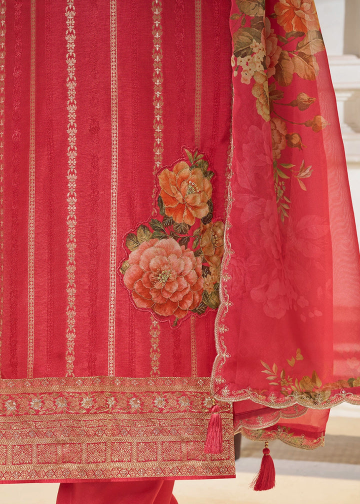 Radical Red Dola Silk Sharara Suit with Intricate Jacquard Detailing - House of Sarvati LLC