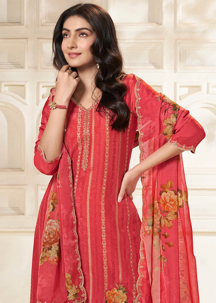 Radical Red Dola Silk Sharara Suit with Intricate Jacquard Detailing - House of Sarvati LLC