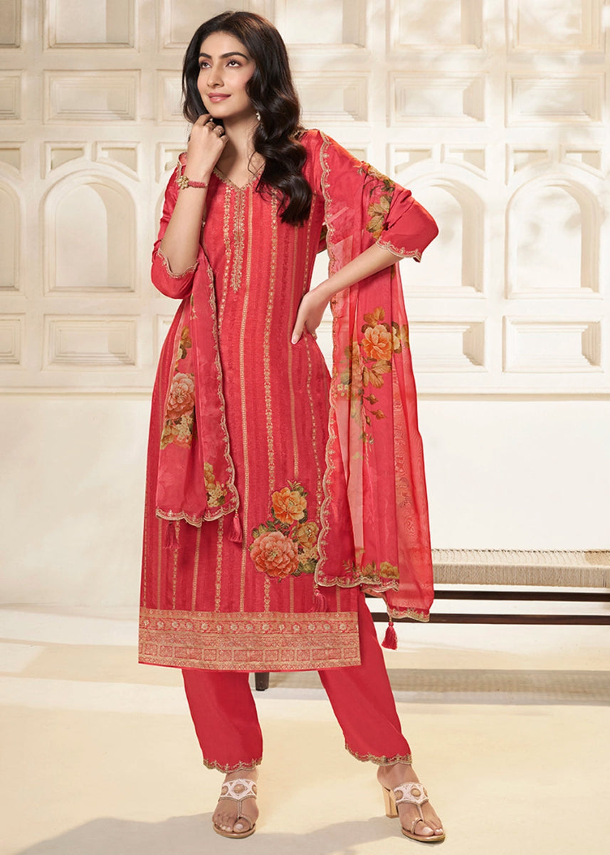 Radical Red Dola Silk Sharara Suit with Intricate Jacquard Detailing - House of Sarvati LLC