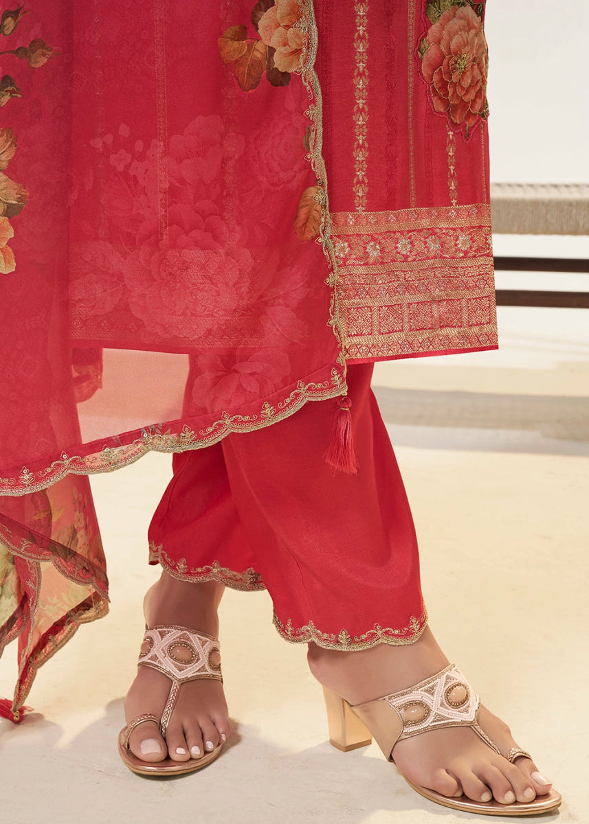 Radical Red Dola Silk Sharara Suit with Intricate Jacquard Detailing - House of Sarvati LLC