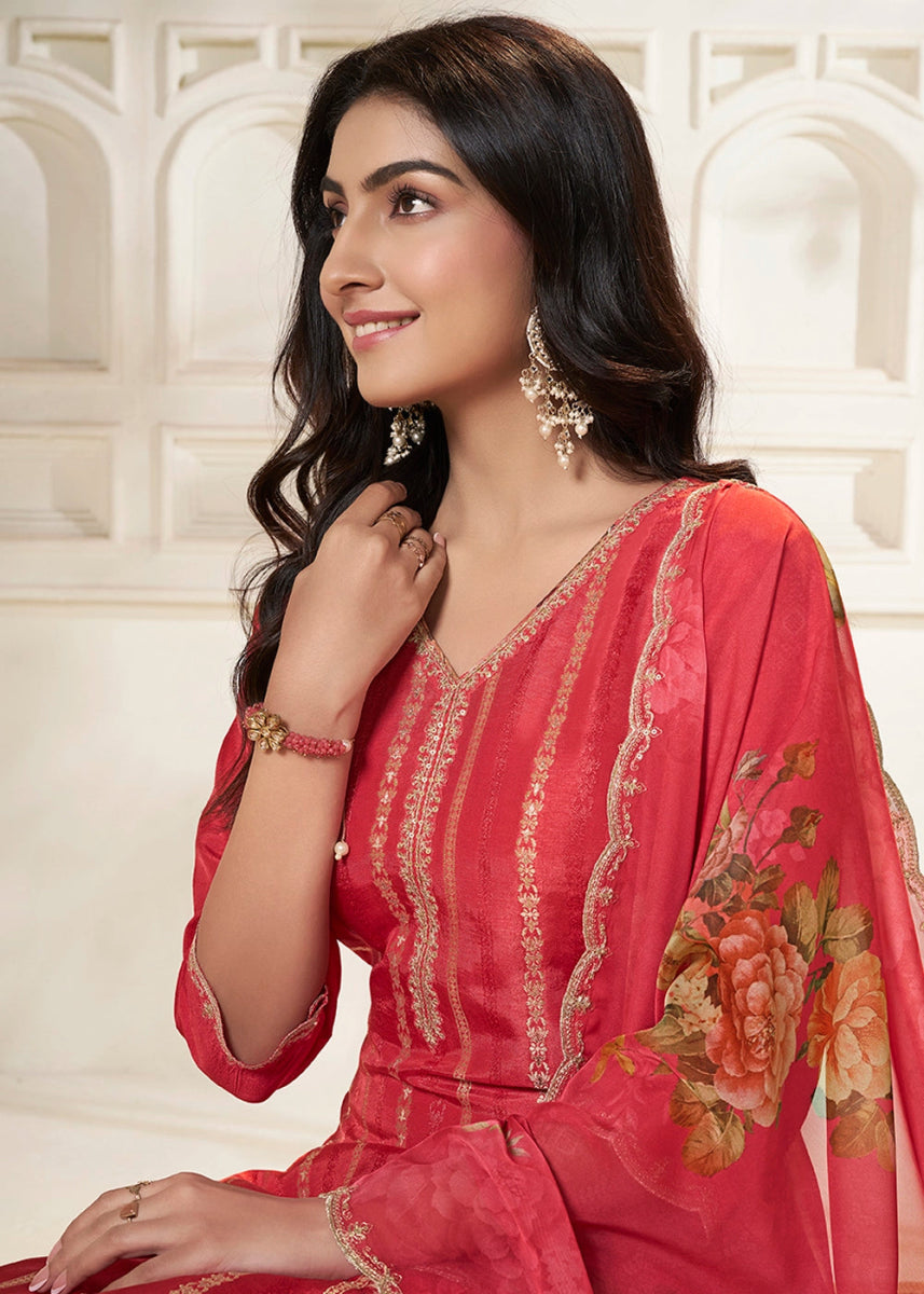 Radical Red Dola Silk Sharara Suit with Intricate Jacquard Detailing - House of Sarvati LLC