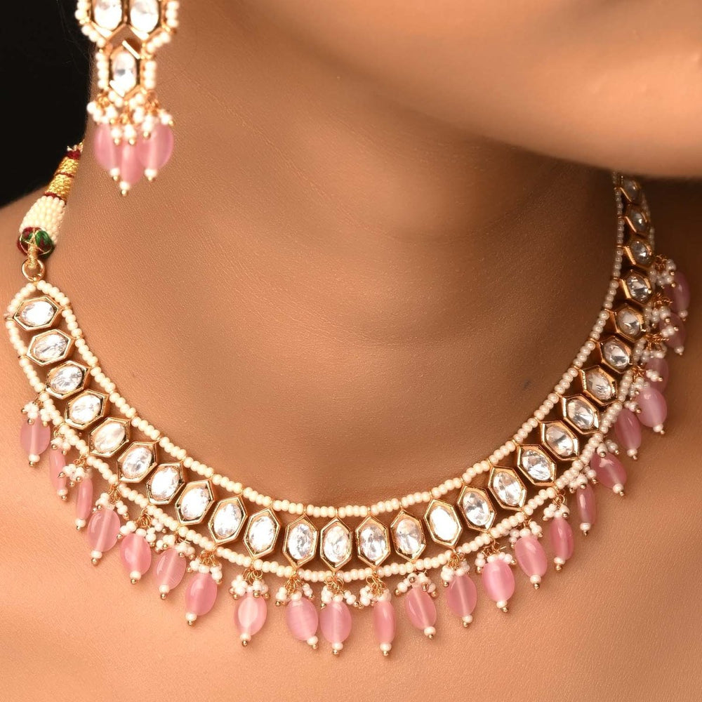 Raihana Baby Pink Diamond Gold Plated Kundan Set - House of Sarvati LLC